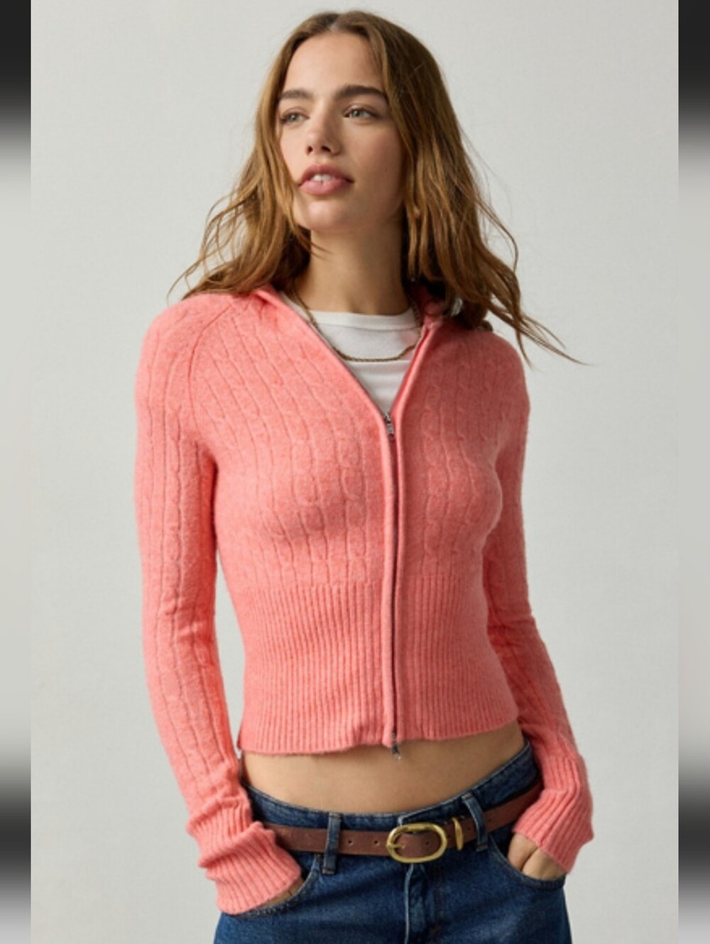 NWOT BDG Urban Oufitters Monet  Zip‑Front Hooded Cable Knit Sweater ■ Size M